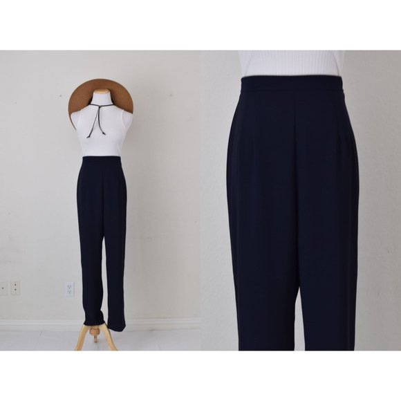 Vintage 80s Poly/Spandex ‎ Dani Max High Waist Navy Trousers | 30-34 waist - Picture 1 of 9